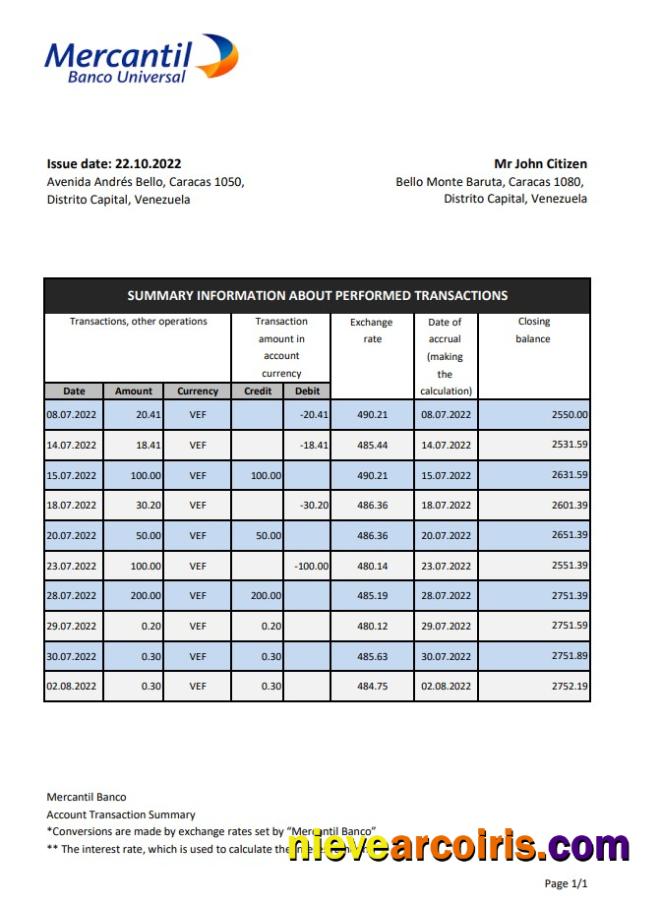 Venezuela Mercantil bank statement